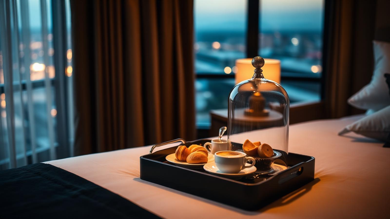 Elegant hotel lobby with warm lighting and city views